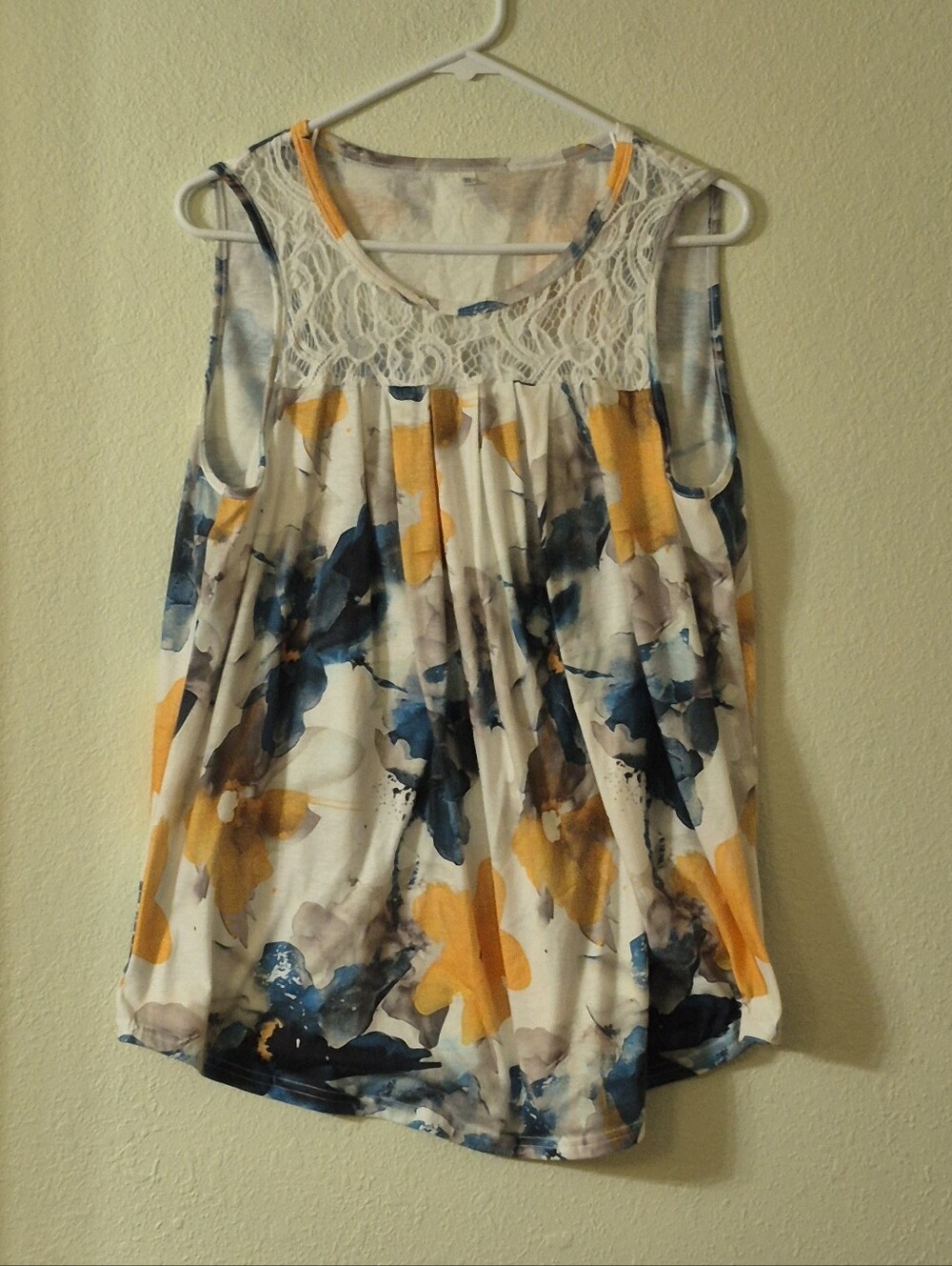 Lace Yoke Floral Watercolor Tank Top in White, Blue & Yellow
